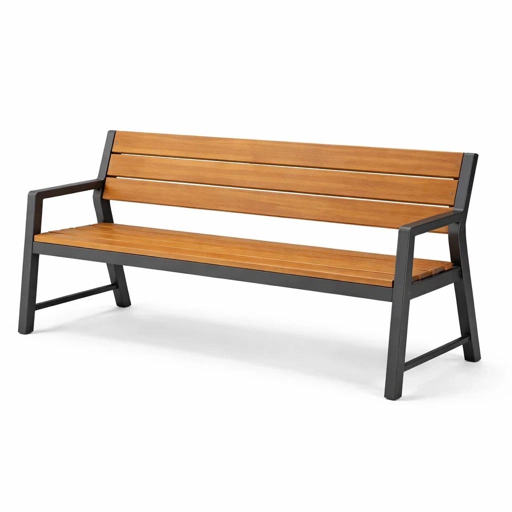 Panchina in Legno e Acciaio con Schienale e Braccioli